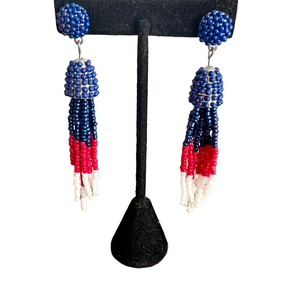 Beaded red white and blue boho tassel fringe dangle post earrings